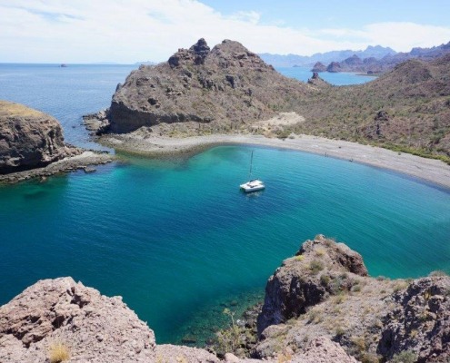 Santana Sailing Sea of Cortez slow sailing cruise at anchor in catamaran